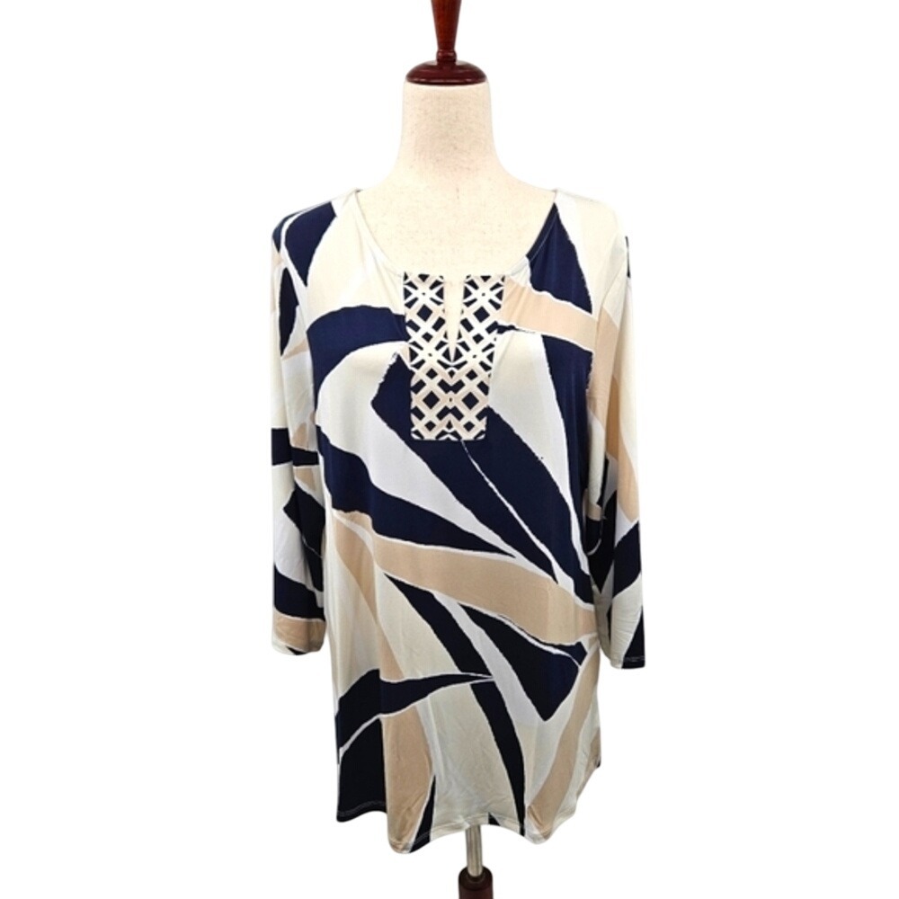 JM Collection Island Breeze Navy Beige Abstract Geometric Tunic Top Large NEW